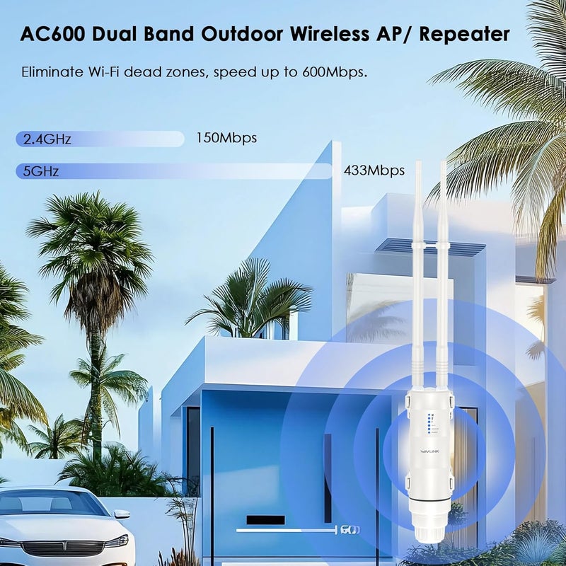 WAVLINK Outdoor Access Point, AC600 Long-Range WiFi Router/Extender, IP67 Weatherproof, Dual Band 5G+2.4G, Passive&Active PoE, 2 * 7dBi Omni Antennas, Supports Fit/Fat AP, for Farm/Yard - Image 2